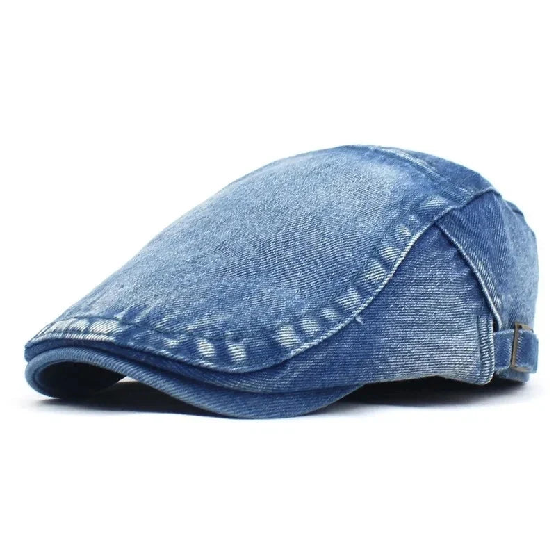 Classic denim flat cap, unisex design for a vintage look, comfortable & adjustable headwear.