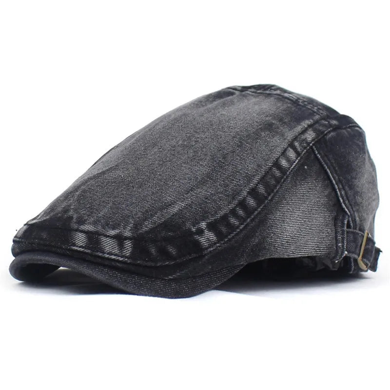 Comfortable adjustable denim ivy cap, unisex vintage style flat cap for casual everyday wear.