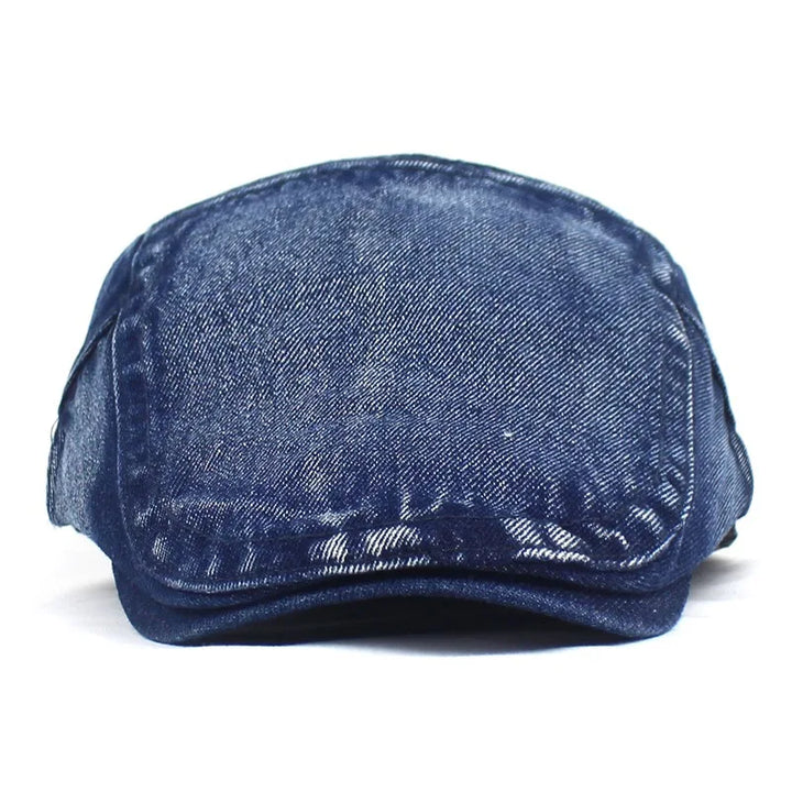 Versatile unisex denim flat cap, vintage-inspired design, comfortable and adjustable headwear.