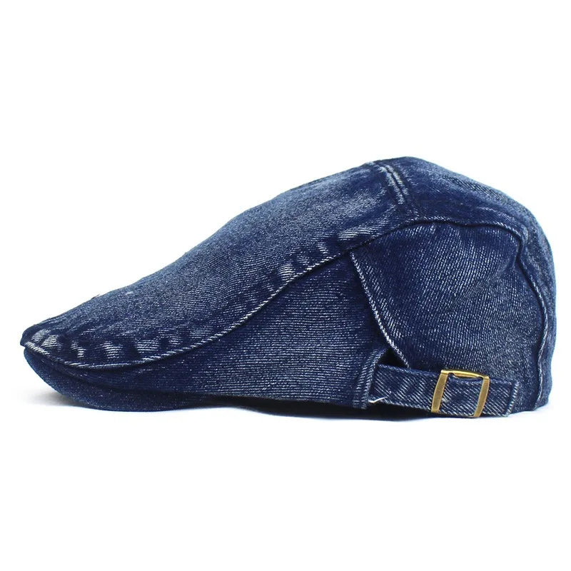 Model wearing a unisex denim ivy flat cap, showcasing its vintage style and comfortable fit.