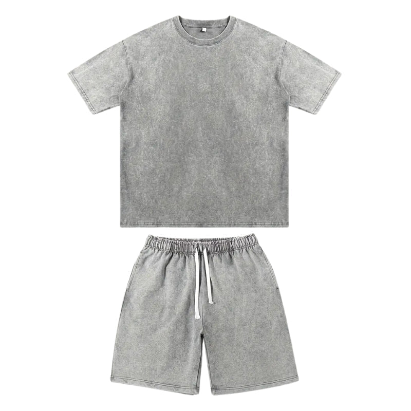 Unisex vintage wash cotton two-piece set, relaxed fit for casual style and comfort.