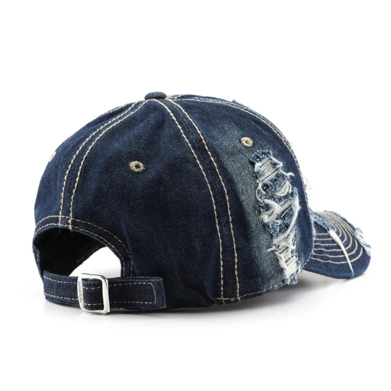 Black denim hat, vintage washed for a classic look. Unisex with adjustable fit, ideal casual wear accessory.