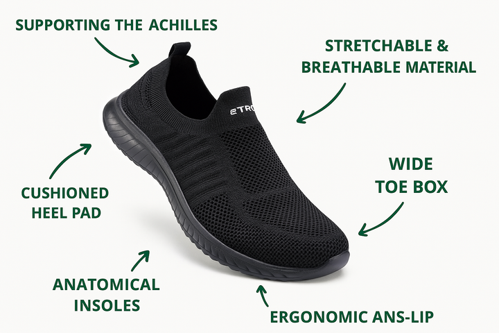 Comfortable slip-on orthopedic shoes with heel spur & bunion relief for men & women.