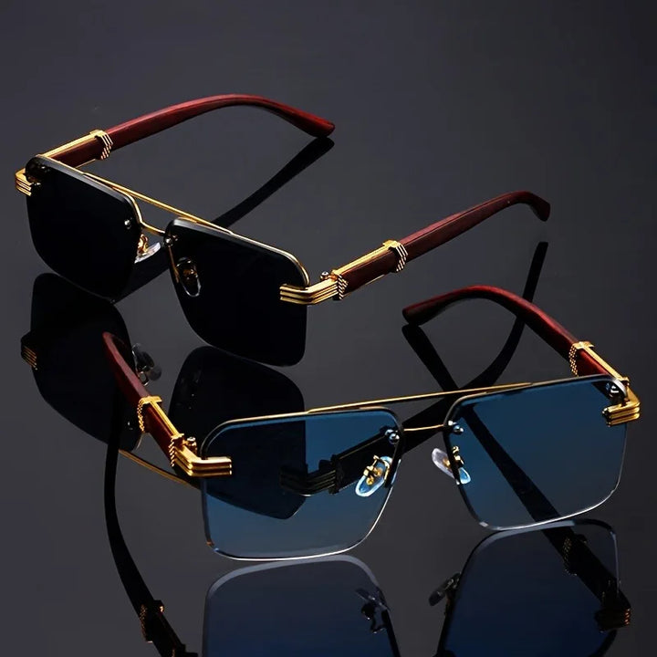 Unisex Vittoro rimless sunglasses with elegant wood temples. Features UV400 protection for stylish eye safety.