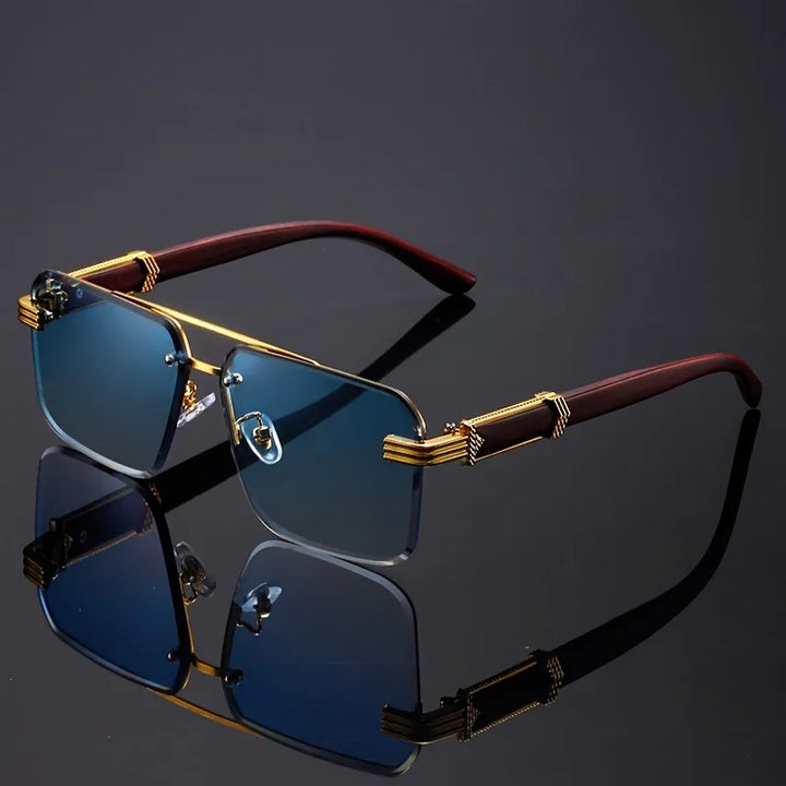 Modern unisex rimless eyewear, Vittoro design. Lightweight sunglasses with natural wood temples & UV400 lenses.