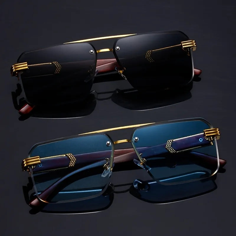 Front view of Vittoro rimless fashion sunglasses. Showcases sleek design, wood temples, and UV400 protective lenses.