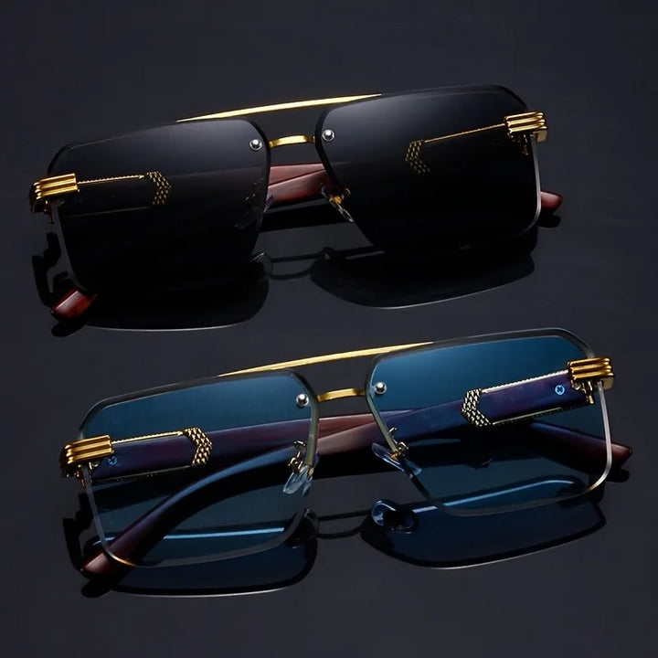 Front view of Vittoro rimless fashion sunglasses. Showcases sleek design, wood temples, and UV400 protective lenses.
