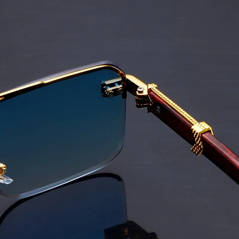 Side profile of lightweight Vittoro rimless sunglasses with finely crafted wooden temples. UV400 protection eyewear.