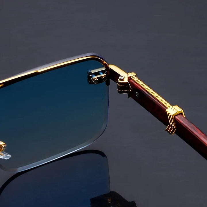 Side profile of lightweight Vittoro rimless sunglasses with finely crafted wooden temples. UV400 protection eyewear.
