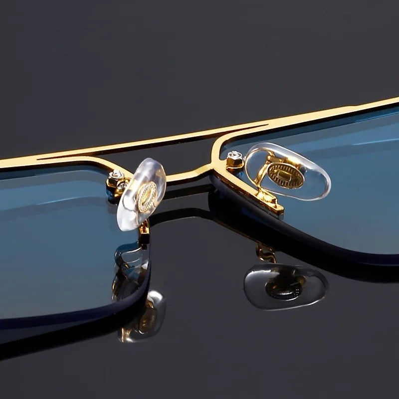 Close-up of the natural wood temples on Vittoro unisex rimless sunglasses. High-quality UV400 sun shades.