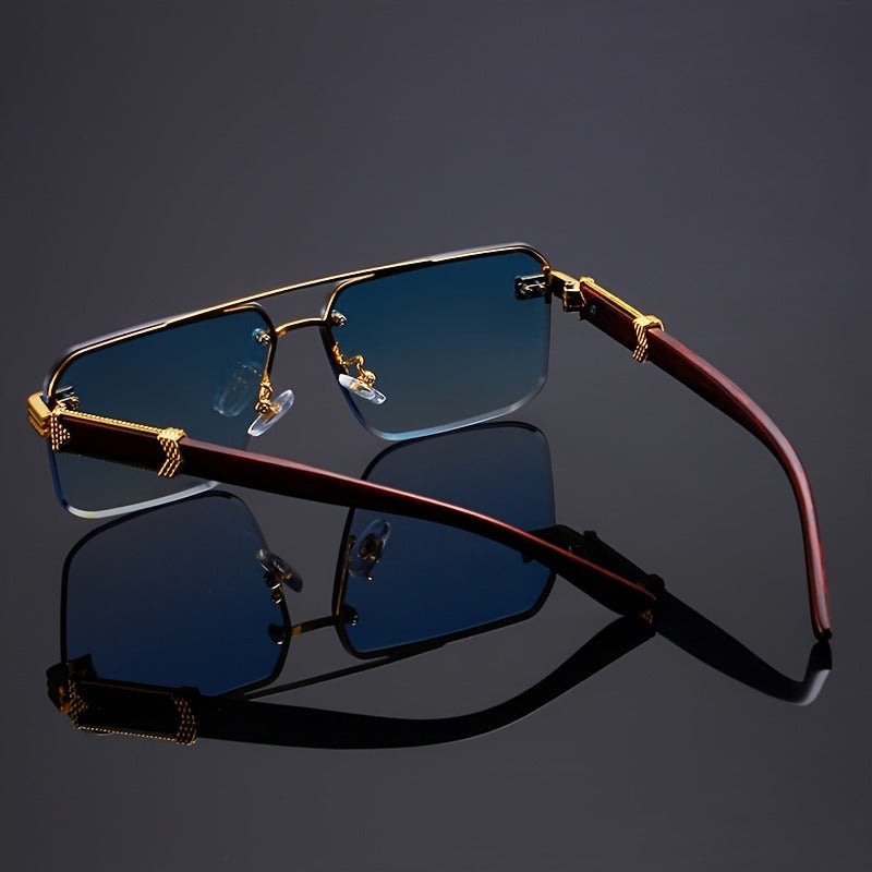 Fashionable Vittoro rimless shades, perfect for any gender. Features elegant wood temples & crucial UV400 sun defense.