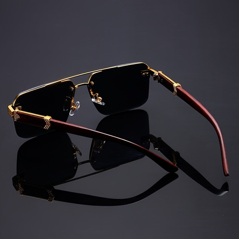 High-fashion unisex Vittoro rimless sunglasses, combining modern aesthetics with natural wood and UV400 protection.