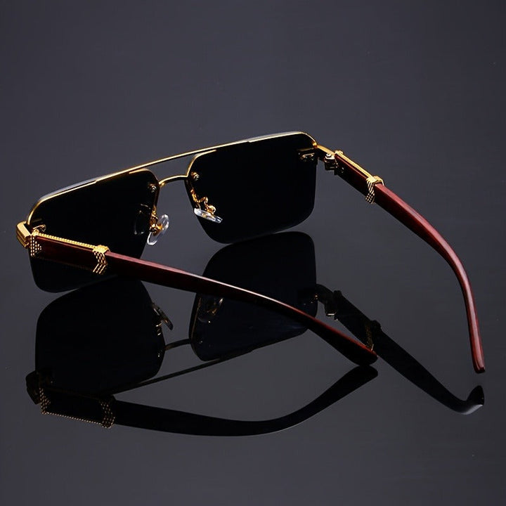 High-fashion unisex Vittoro rimless sunglasses, combining modern aesthetics with natural wood and UV400 protection.