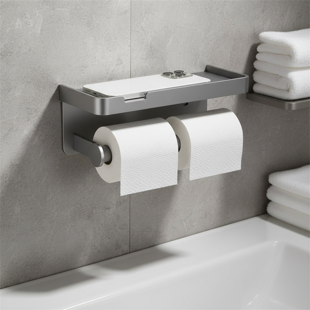 Unisex wall-mounted toilet paper holder with shelf, space-saving aluminum design for modern bathrooms