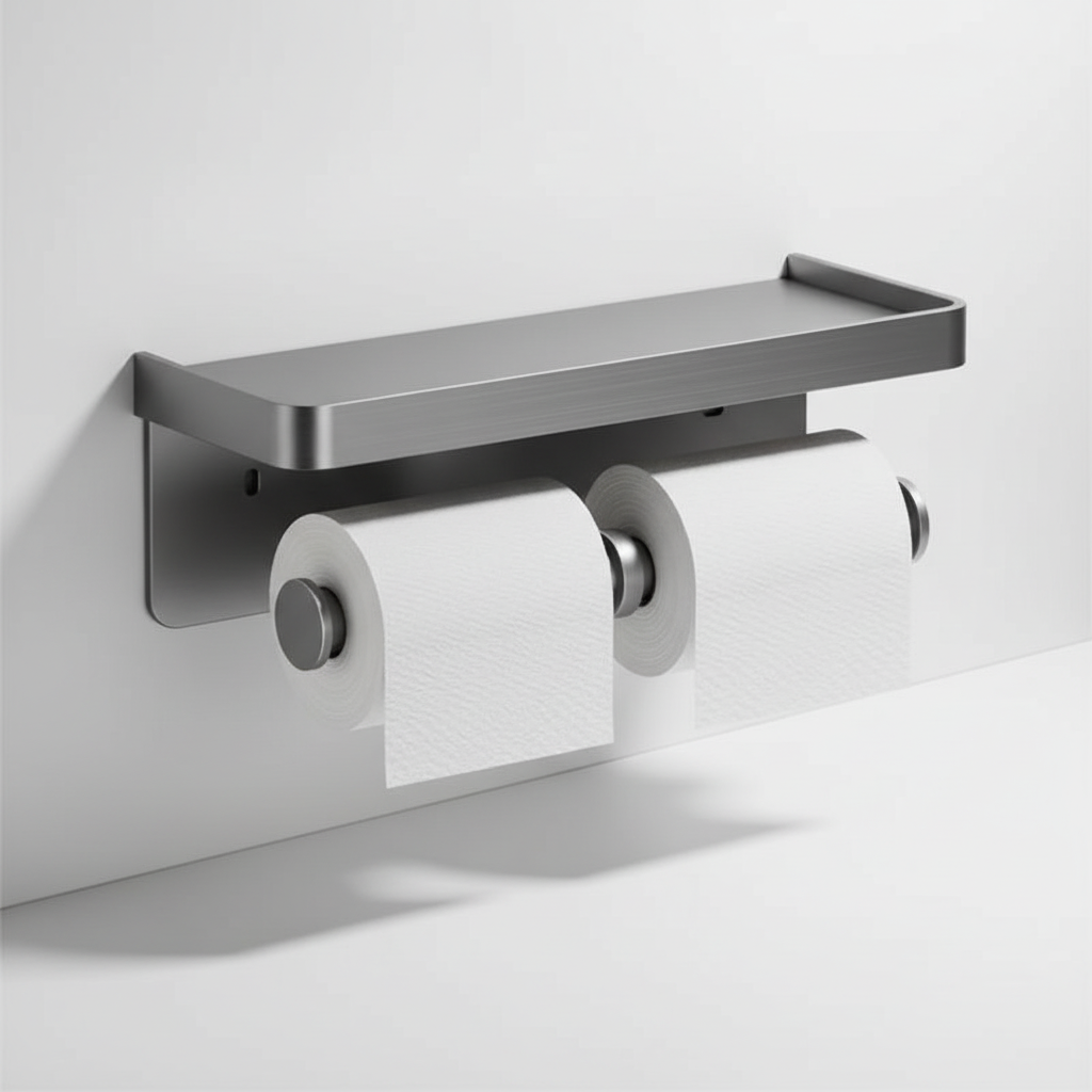 Modern bathroom organizer: wall-mounted toilet paper holder with integrated storage shelf