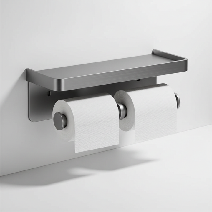 Modern bathroom organizer: wall-mounted toilet paper holder with integrated storage shelf