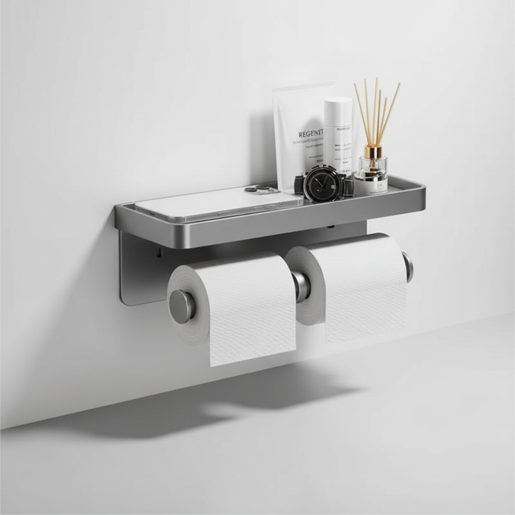 Duplex wall-mounted toilet paper holder with a convenient shelf, modern and space-saving design