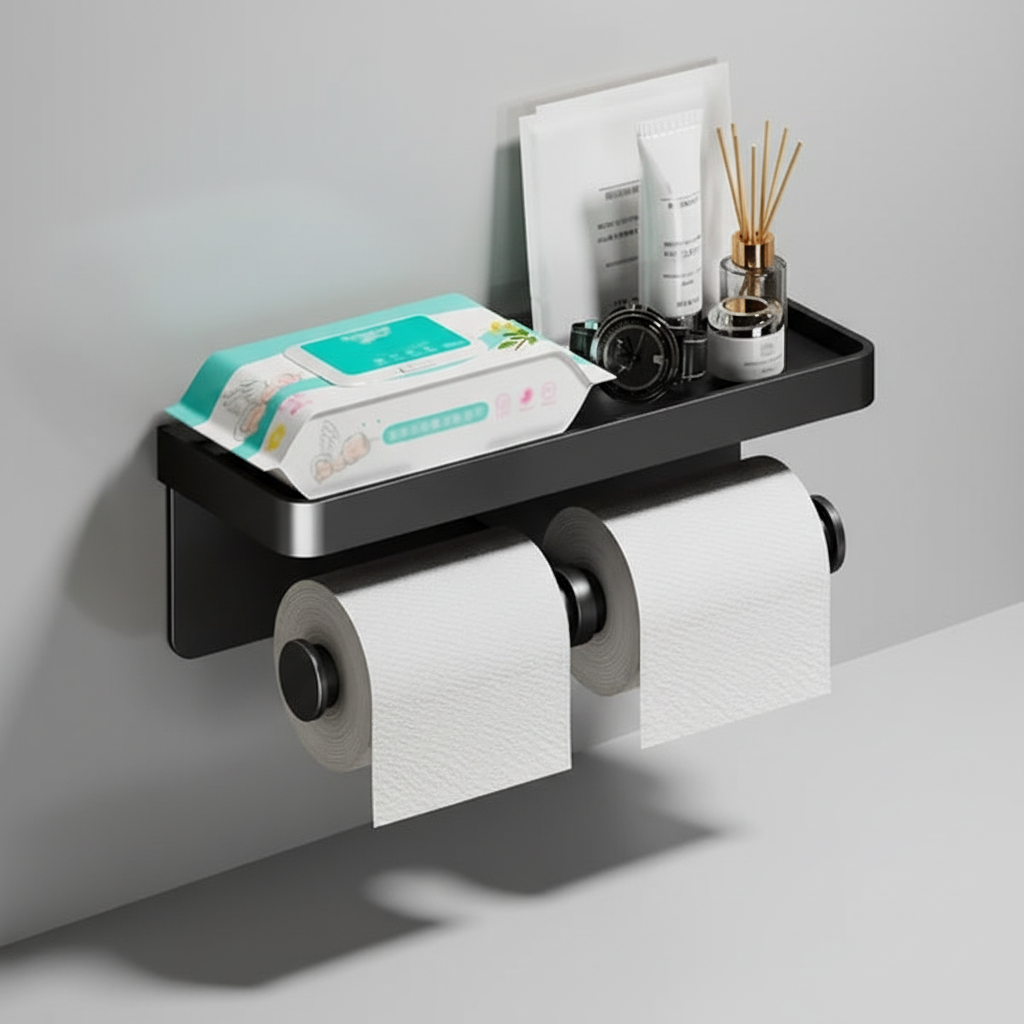 Bathroom storage solution: Wall-mounted toilet paper holder with top shelf, durable aluminum construction