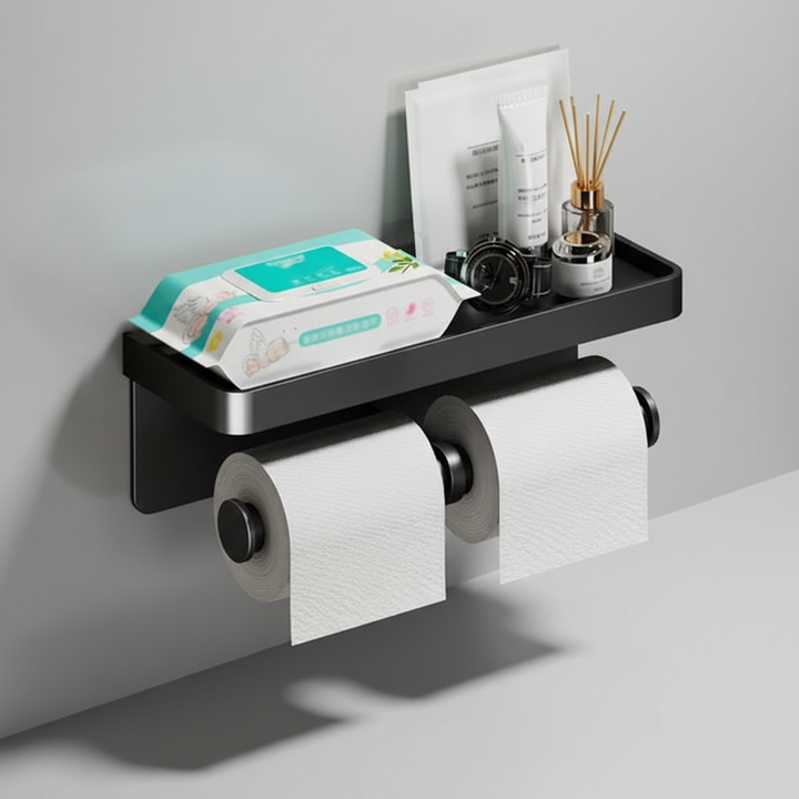 Bathroom storage solution: Wall-mounted toilet paper holder with top shelf, durable aluminum construction