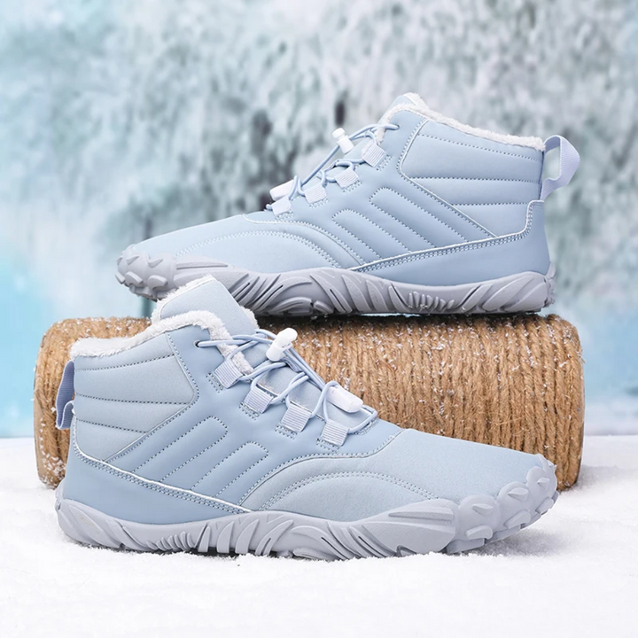 Stylish FrostFlex winter barefoot boots, warm & waterproof design, perfect for snow and outdoor fashion.