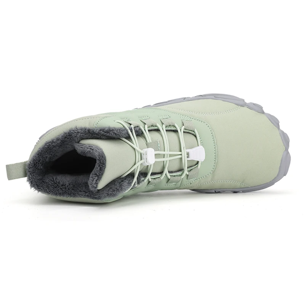 Sleek FrostFlex barefoot snow boots, providing warmth, comfort & slip-resistant traction in winter.