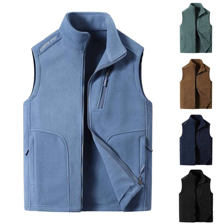 Unisex warm fleece vest for hiking and outdoor layering. Lightweight activewear for men and women.