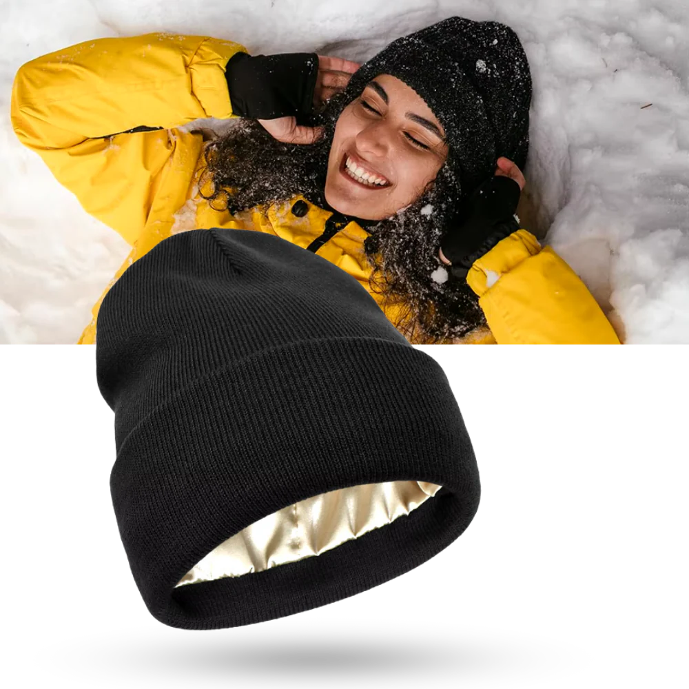 Unisex warm knit beanie, satin lined for healthy hair protection. Perfect winter accessory.