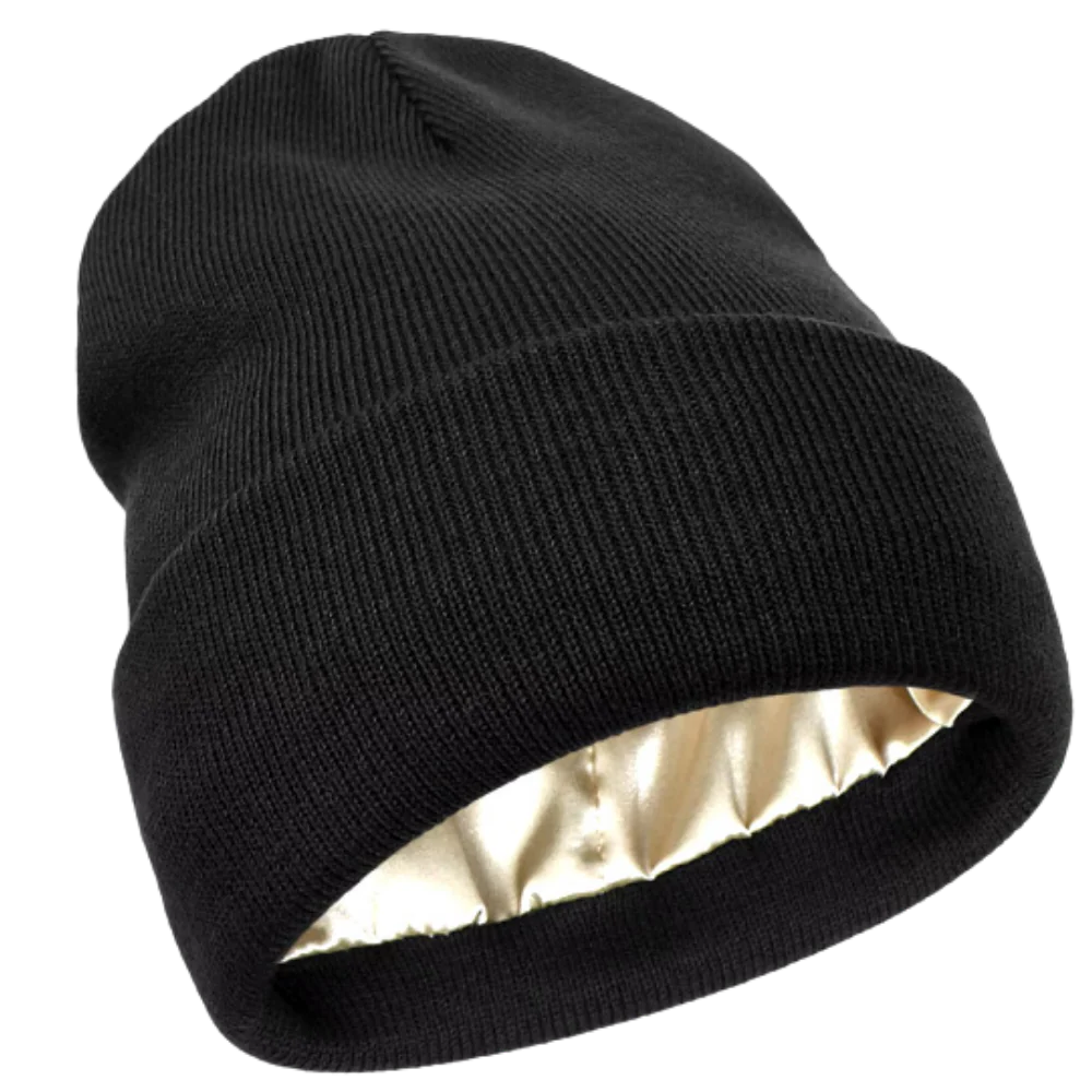 Curly hair friendly knit beanie. Satin lining prevents frizz & breakage, keeps you warm.