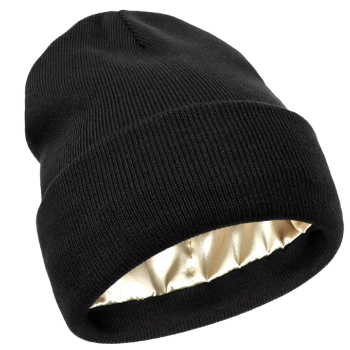 Curly hair friendly knit beanie. Satin lining prevents frizz & breakage, keeps you warm.
