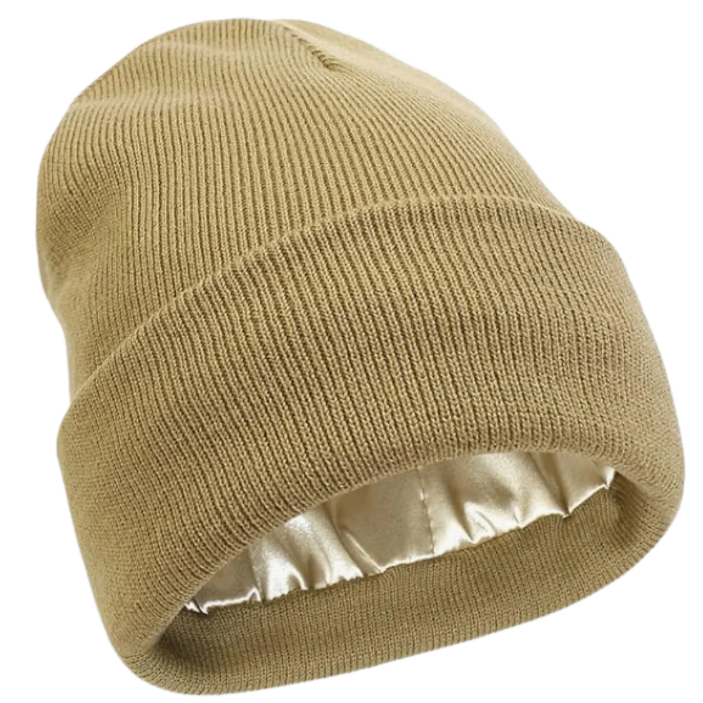 Premium knit beanie, satin-lined for ultimate hair protection. Warm, anti-frizz winter headwear.
