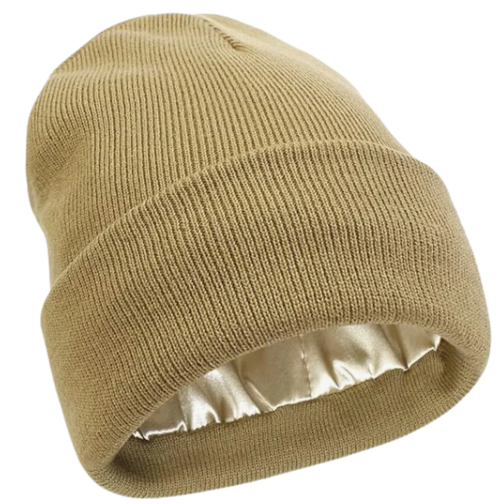 Premium knit beanie, satin-lined for ultimate hair protection. Warm, anti-frizz winter headwear.