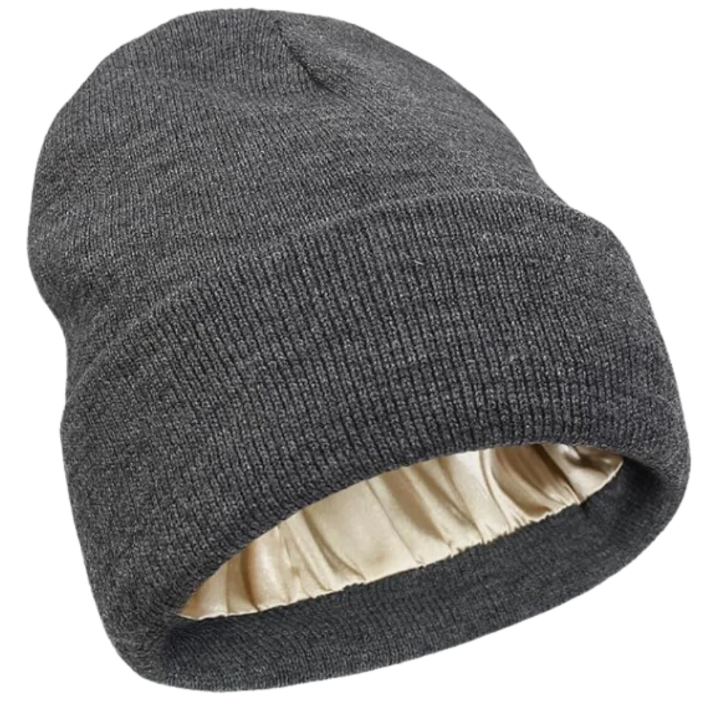 Satin lined knit beanie for curly hair. Reduces frizz & protects hair from winter damage.