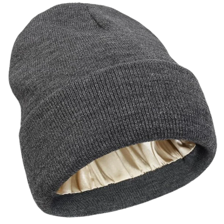 Satin lined knit beanie for curly hair. Reduces frizz & protects hair from winter damage.