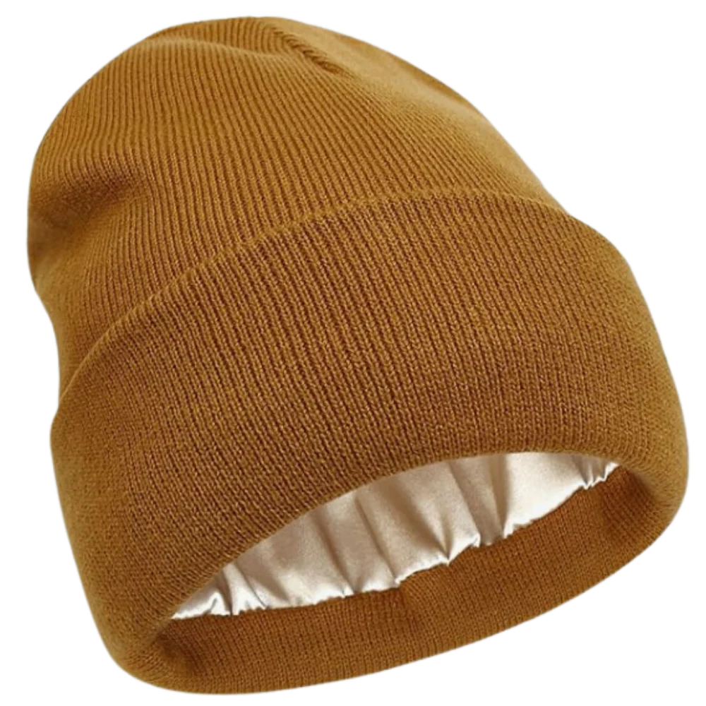 Cozy unisex acrylic knit beanie. Warm winter hat with satin lining for hair health.