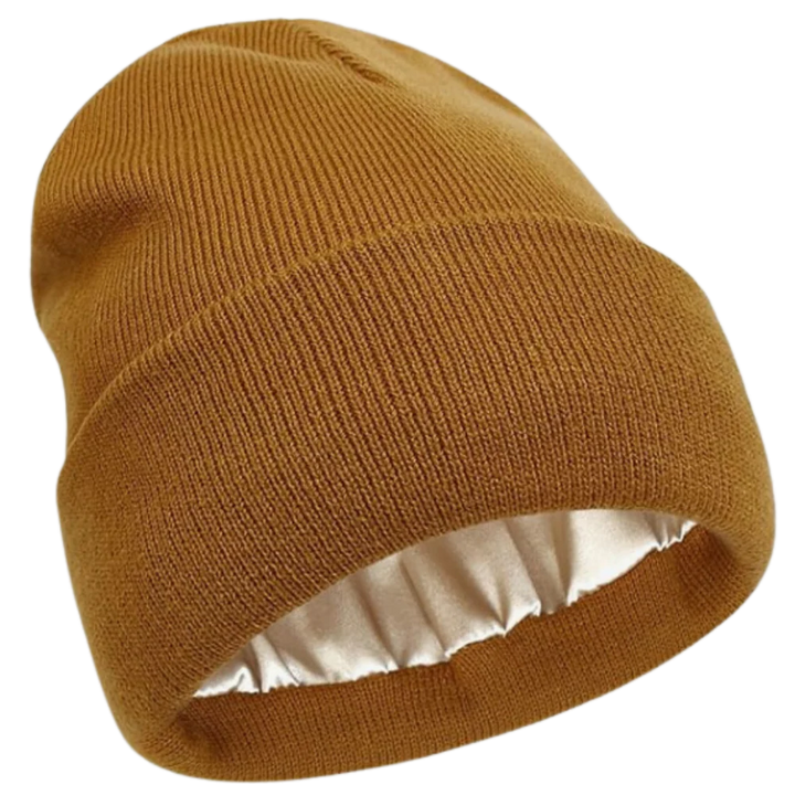 Cozy unisex acrylic knit beanie. Warm winter hat with satin lining for hair health.