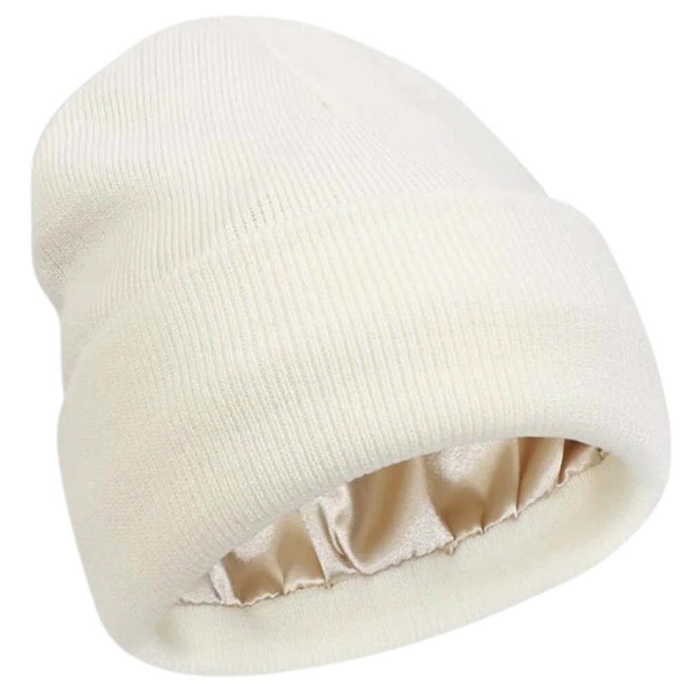 Stylish knit beanie, satin-lined to protect hair. Warm & comfortable winter headwear for all.