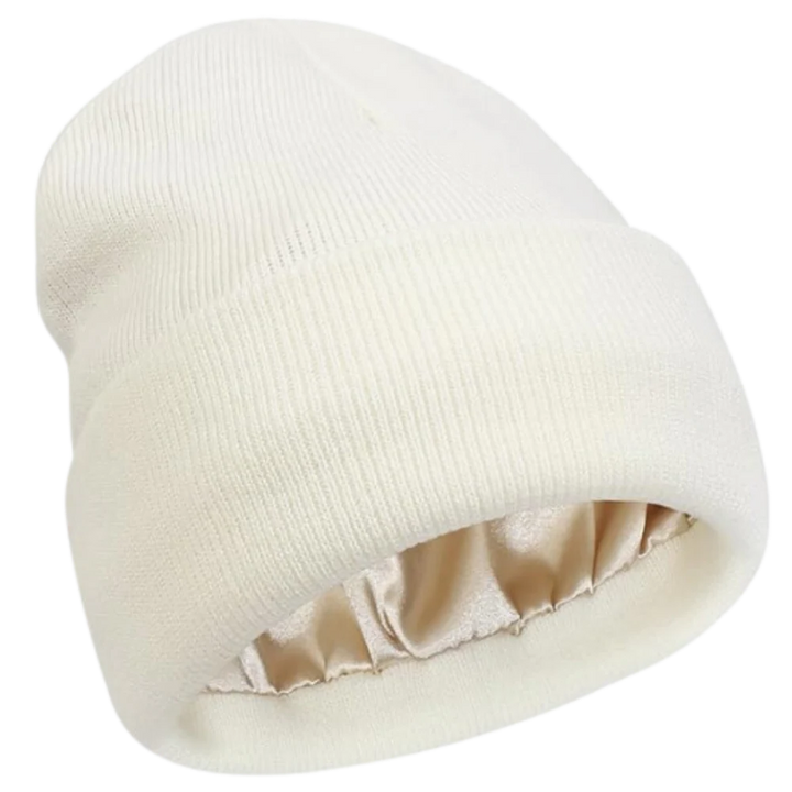 Stylish knit beanie, satin-lined to protect hair. Warm & comfortable winter headwear for all.