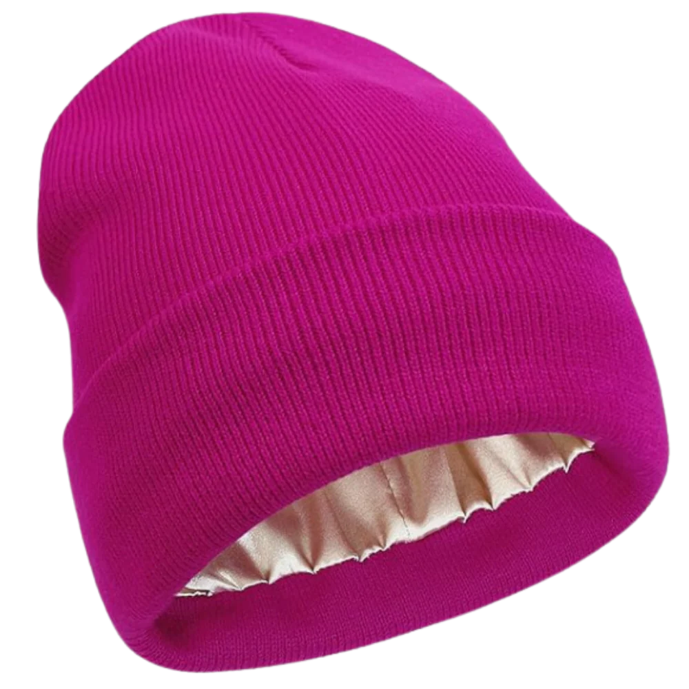 Unisex warm knit beanie, satin-lined for hair protection. A practical & stylish winter accessory.
