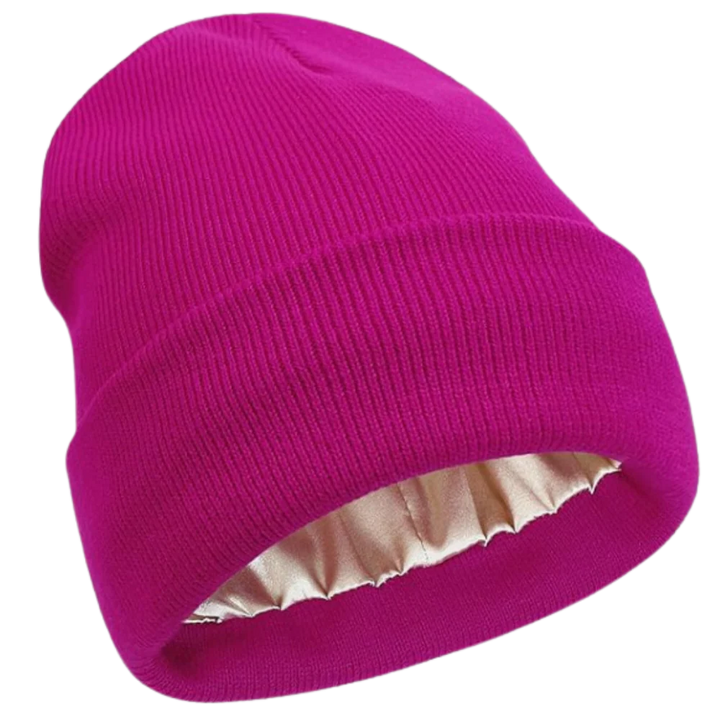 Unisex warm knit beanie, satin-lined for hair protection. A practical & stylish winter accessory.