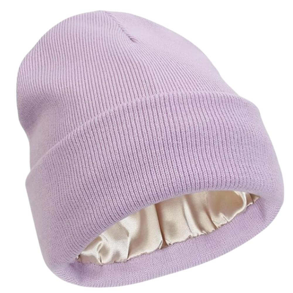 Acrylic knit beanie with a smooth satin lining. Keeps hair healthy & warm in winter.