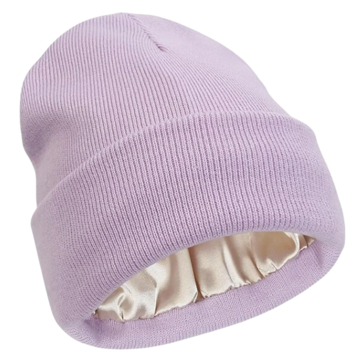 Acrylic knit beanie with a smooth satin lining. Keeps hair healthy & warm in winter.