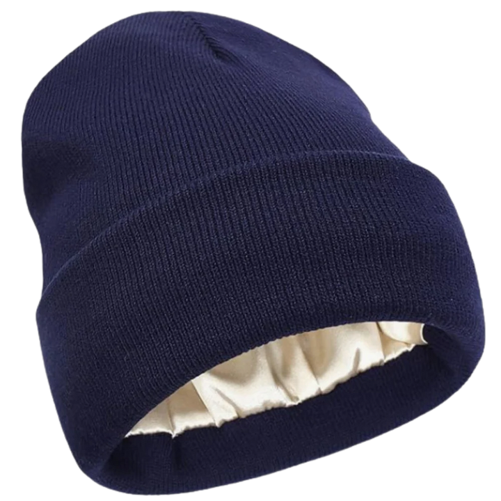 Protect your hair with this satin-lined knit beanie. Warm, anti-frizz winter hat for healthy hair.