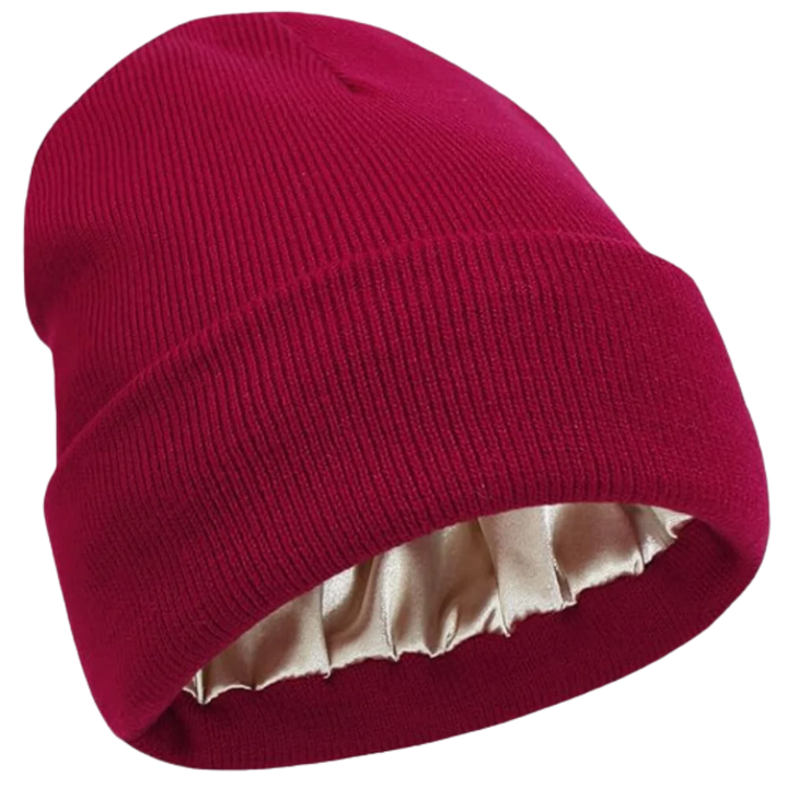 Warm knit beanie with satin lining. Unisex winter hat for healthy hair protection.