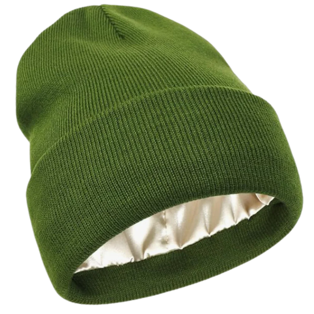 Winter-ready knit beanie, satin lined for hair health. Keeps you warm & reduces frizz.