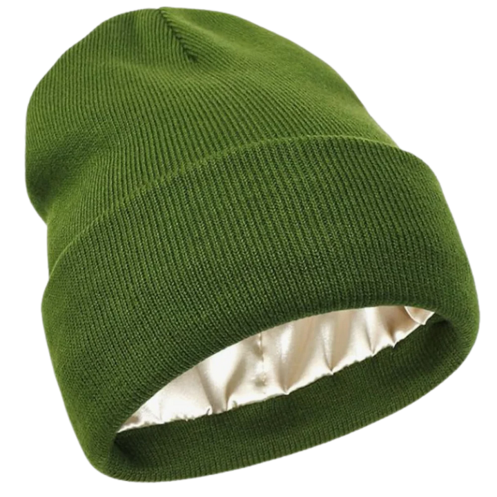 Winter-ready knit beanie, satin lined for hair health. Keeps you warm & reduces frizz.