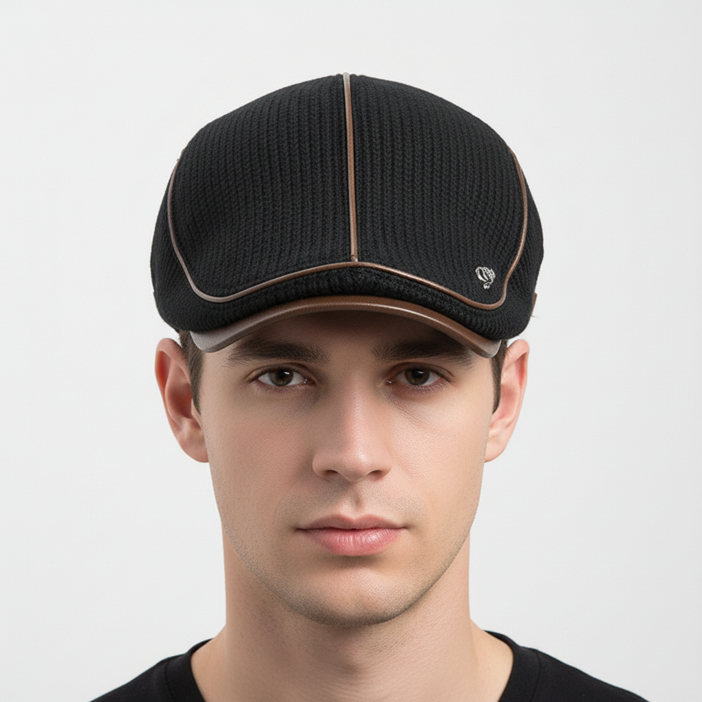 Model wearing a stylish unisex warm knitted beanie, ideal for winter outdoor activities.
