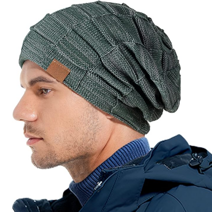Close-up of a stretchable knitted beanie, showing soft fabric and comfortable design