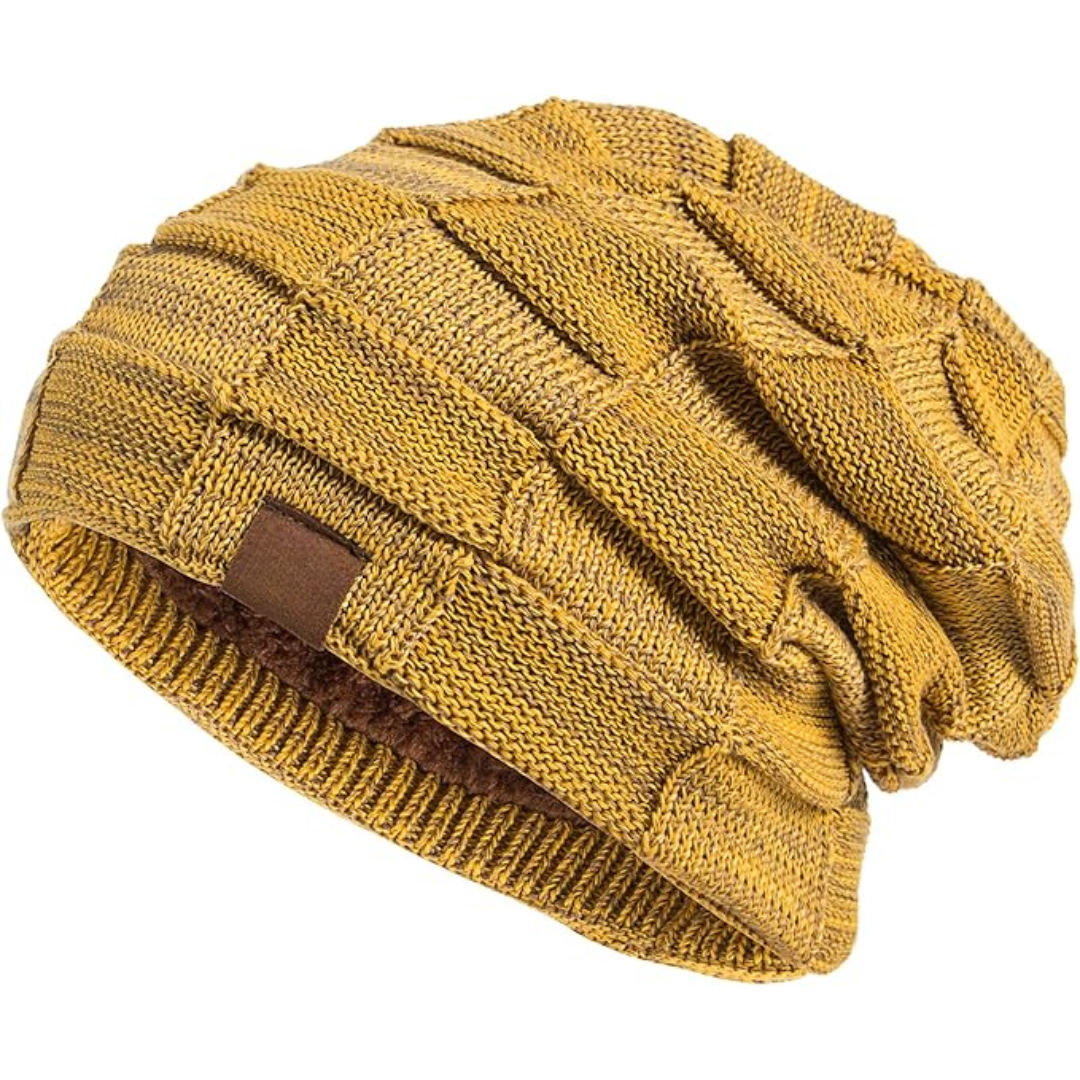 Model wearing a stylish unisex slouchy beanie, showcasing its relaxed fit and warmth