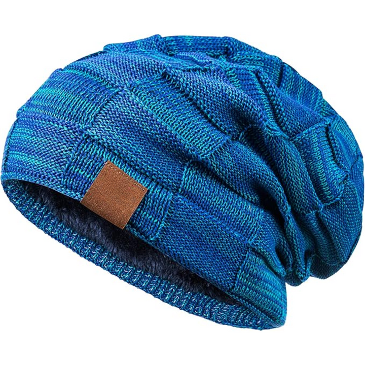 Textured image of a warm knitted beanie, highlighting the intricate stitch pattern for winter