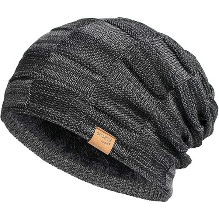 Unisex warm knitted winter slouch beanie hat with fleece lining, ideal for outdoor activities